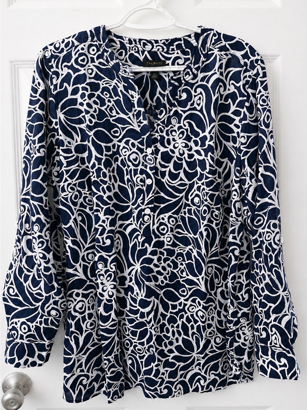 Talbots Navy and White Floral Henley Blouse Linen